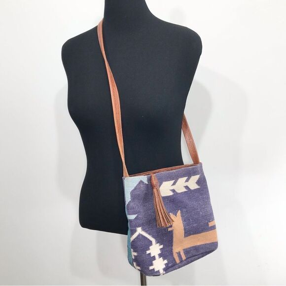 Kilim Purple Blue Tribal Ethnic Rug Design India Leather Strap Shoulder Bag - Picture 2 of 16